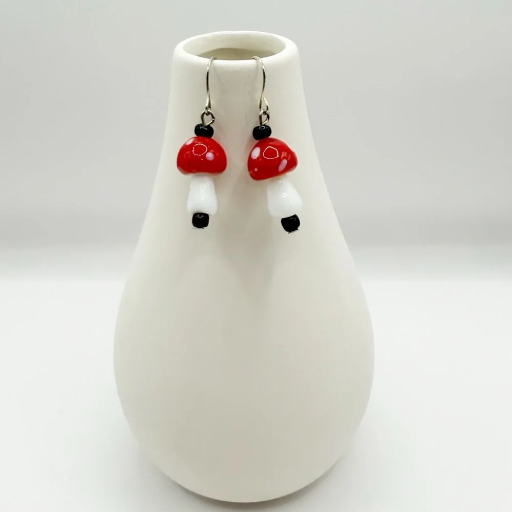 Handmade Red Mushroom Dangle Earrings Cottagecore Fairy